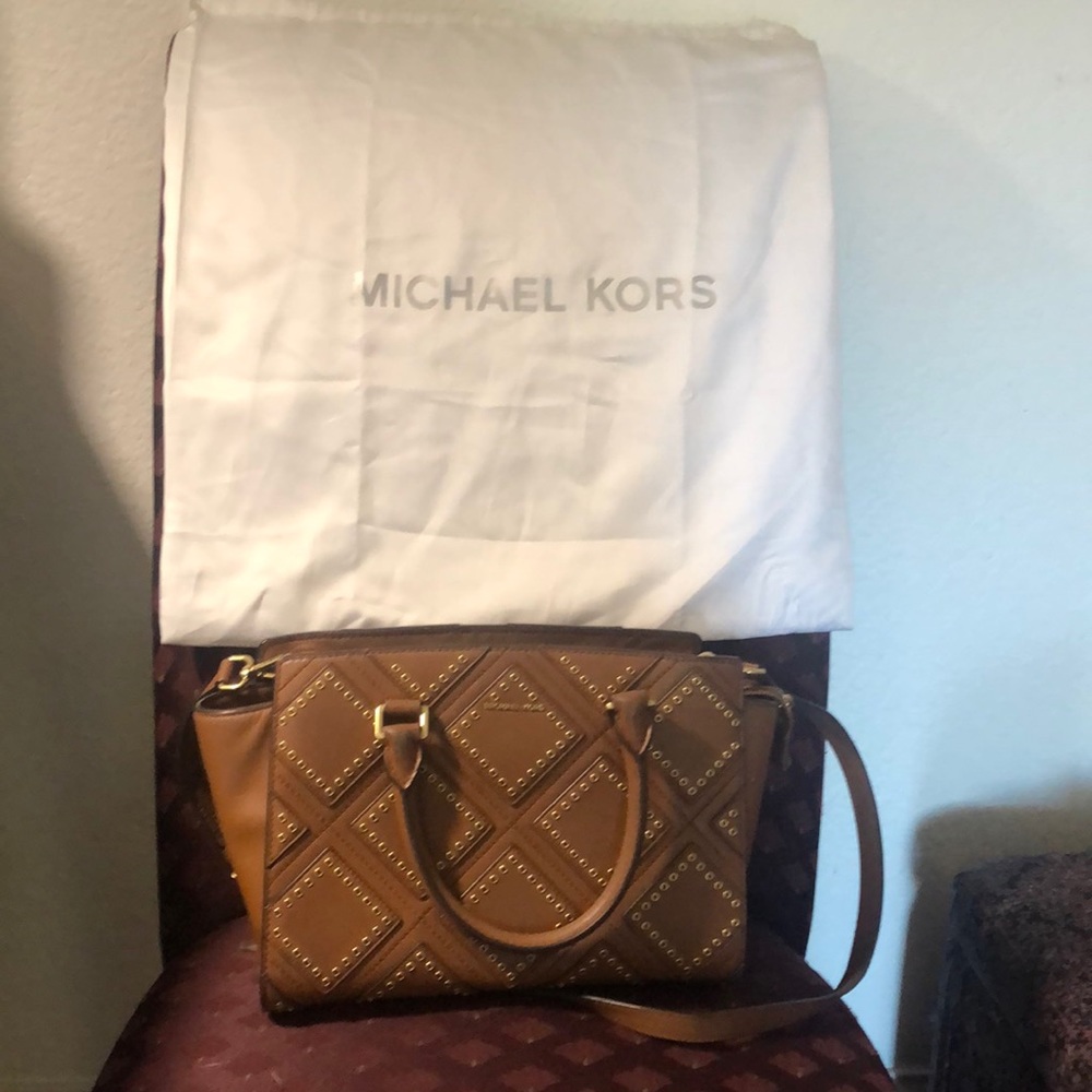 Michael Kors Cognac Leather Crossbody Satchel w Studded pattern